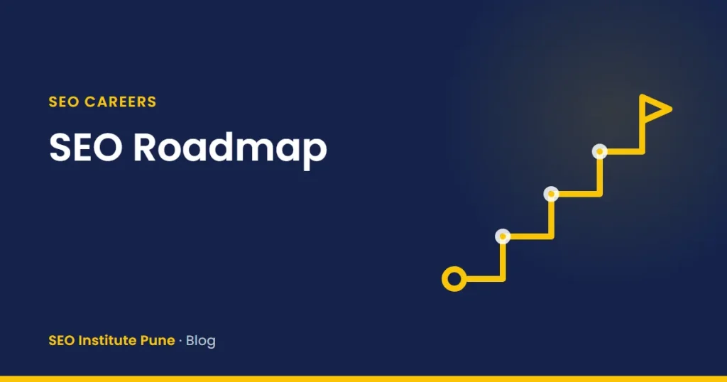 Stepped path rising to a flag, representing a stage-by-stage SEO learning roadmap
